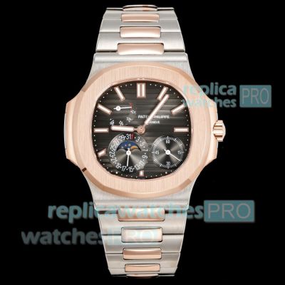 3K Factory Top Clone Patek Philippe Nautilus Power Reserve Half Rose Gold Moon Phase Watch 